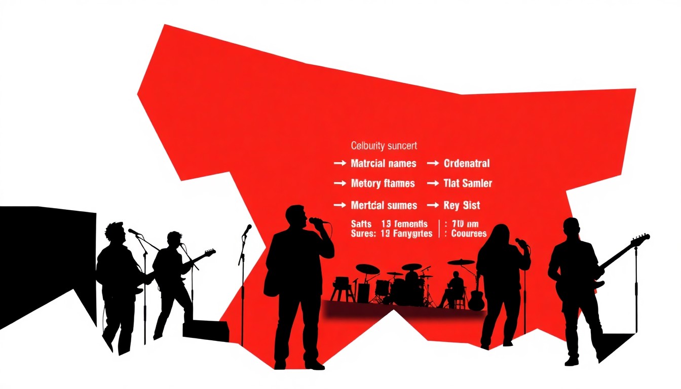 A striking abstract illustration featuring bold geometric shapes and high-contrast colors, conceptually representing an outdoor summer concert series with a diverse lineup of musical acts.