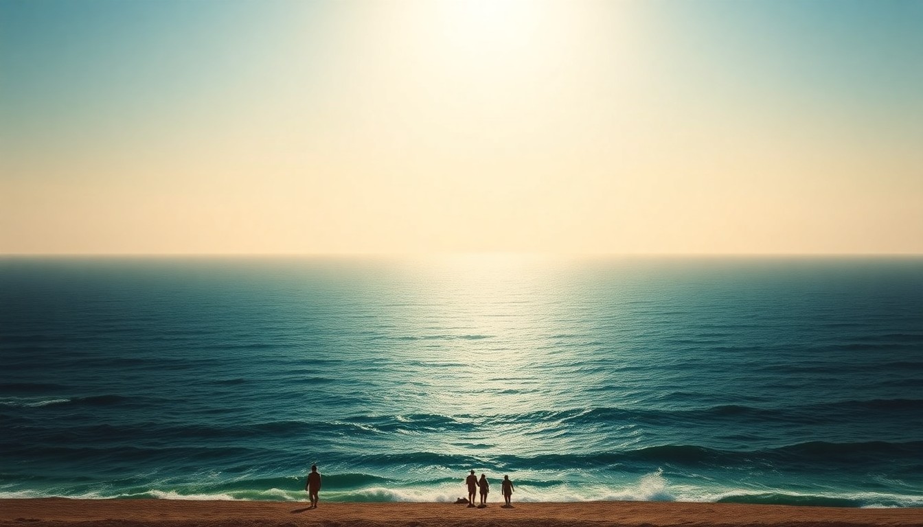 A sweeping, atmospheric landscape painting depicting the vast, open expanse of the Atlantic Ocean under a bright, hazy sky, with a small, obscured silhouette of beachgoers in the foreground to emphasize the sublime power of the natural environment.