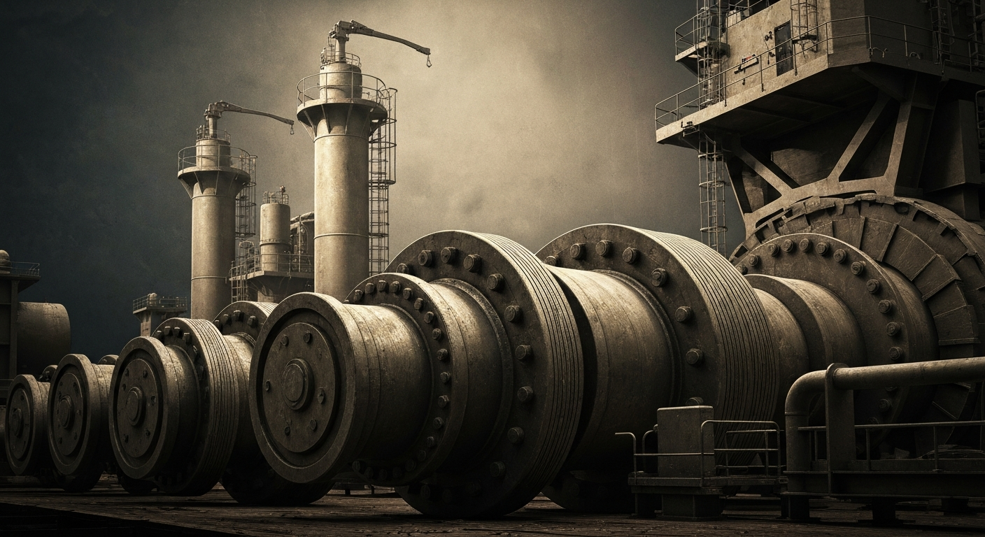 An extreme close-up of industrial machinery and equipment used in global maritime trade and oil shipping, conveying a sense of power and economic importance through dramatic lighting and textures.