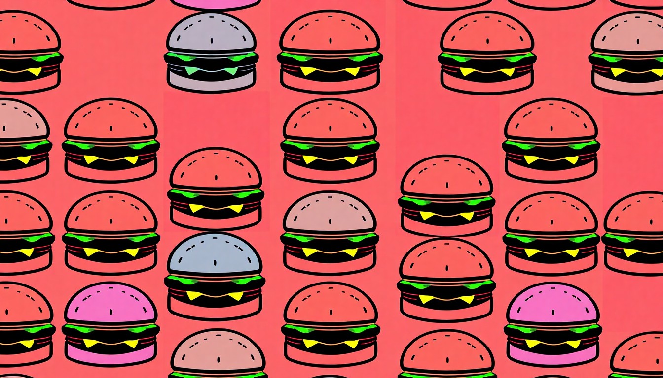 A vibrant, high-contrast silkscreen print featuring a single, iconic burger icon repeated in a tight grid pattern, rendered in a neon color palette with heavy black outlines to create a modern pop art aesthetic.