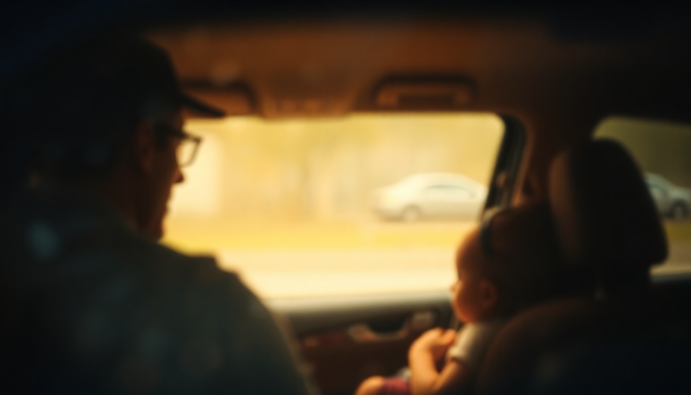 An extremely blurred, impressionistic photograph of a parent installing a child car seat in a vehicle, with the scene obscured by condensation or rain-streaked glass, conveying the importance of proper car seat installation.