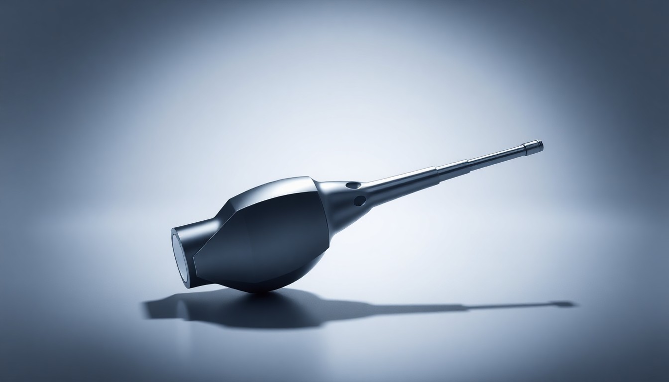 A close-up, high-contrast photograph of a sleek, metallic medical device with smooth, geometric shapes, representing the advanced technology and precision of AngioDynamics' innovative product portfolio.