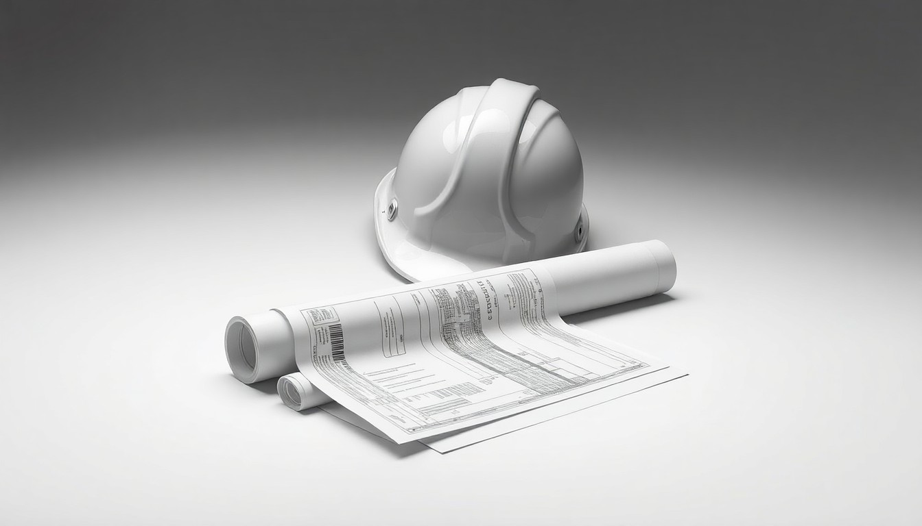 A high-end, photorealistic studio still-life photograph featuring a stack of building permits, a hardhat, and a blueprint rolled up on a clean, monochromatic background, conceptually representing urban development and construction.