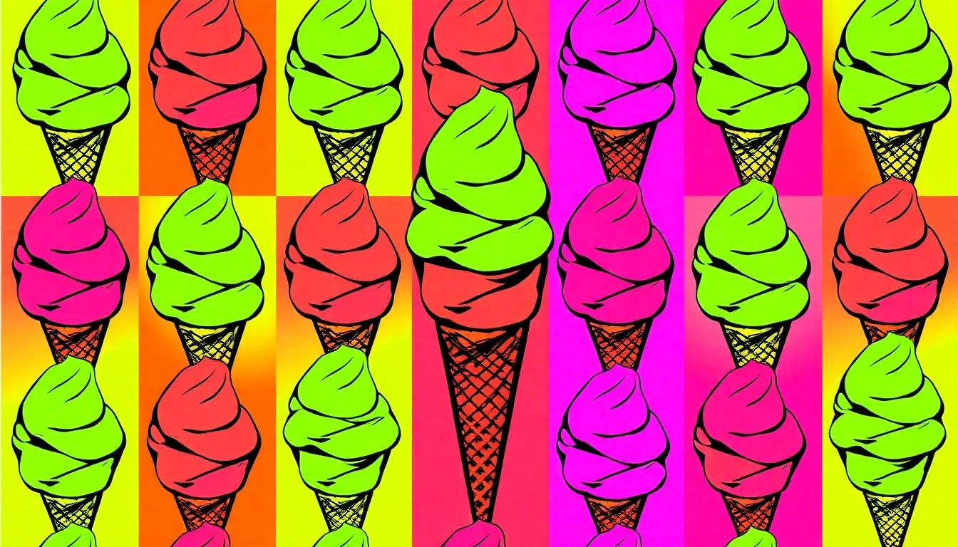 A vibrant, pop art-inspired illustration featuring a repeated pattern of a single, iconic ice cream cone in a grid of neon colors and bold black outlines, conceptually representing the expansion of a beloved local ice cream shop into a historic building.