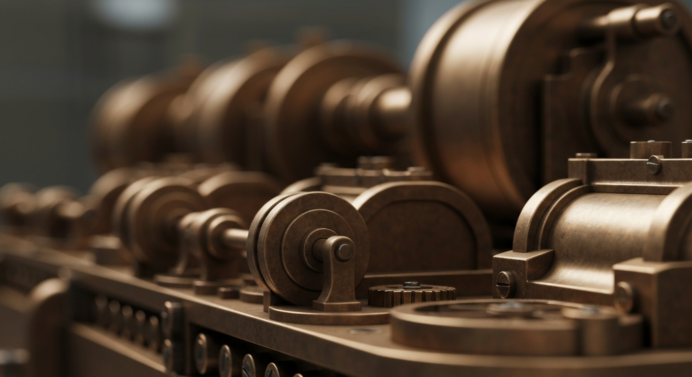 A highly detailed, cinematic close-up of the gears, levers, and mechanisms of a banking machine, conveying the complex and secure nature of the financial institution's operations.