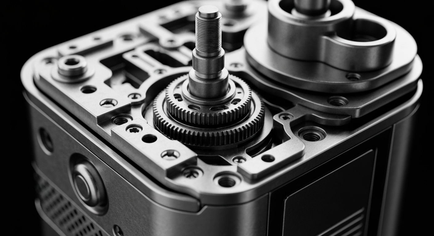 A high-contrast, close-up image of the complex inner mechanics and components of an e-cigarette device, conveying the technical sophistication and industrial nature of Ispire Technology's products.