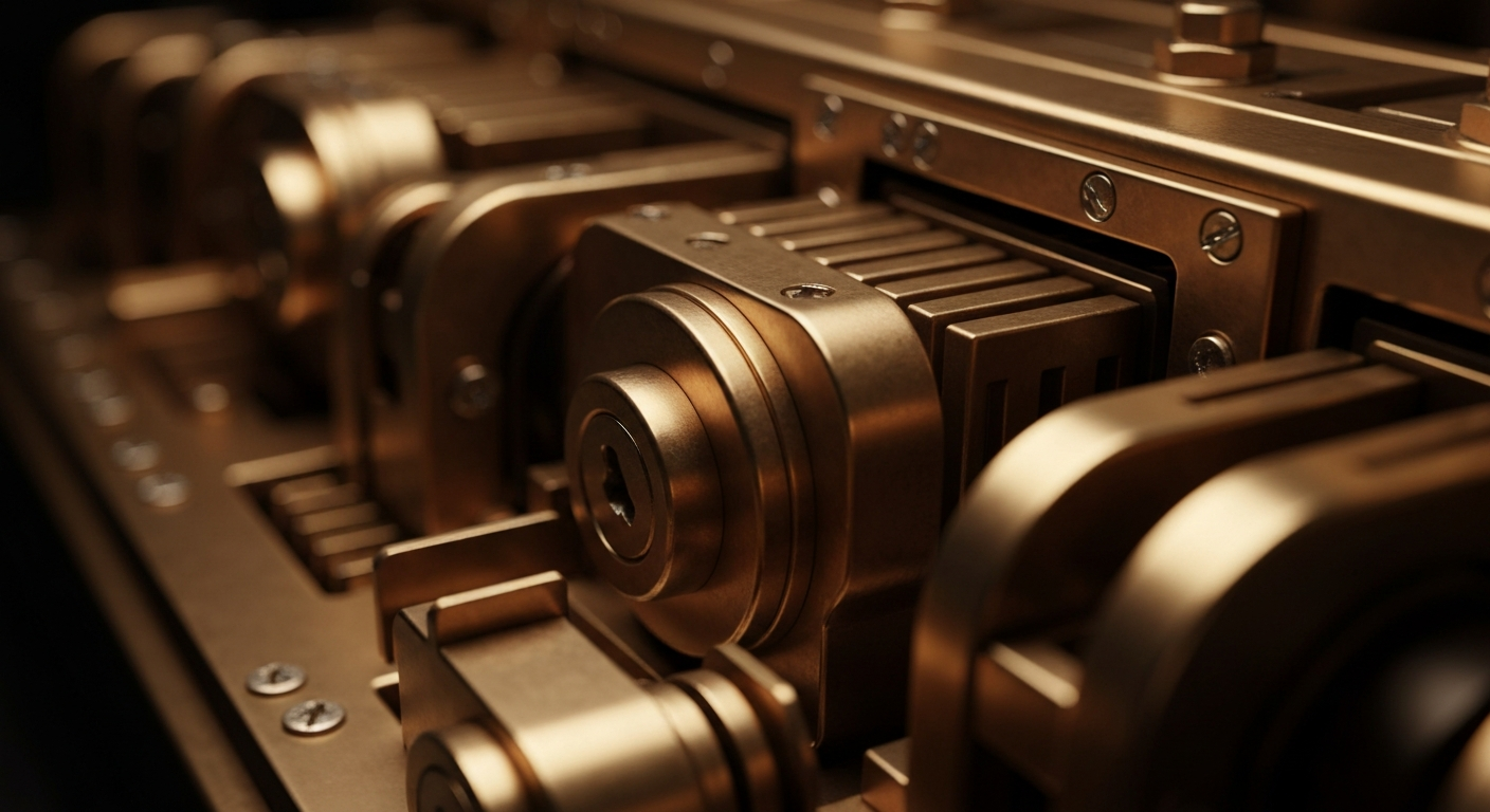 An extreme close-up of various metal gears, levers, and mechanisms, conveying the complex and interconnected nature of the financial systems that support the mobile app industry.