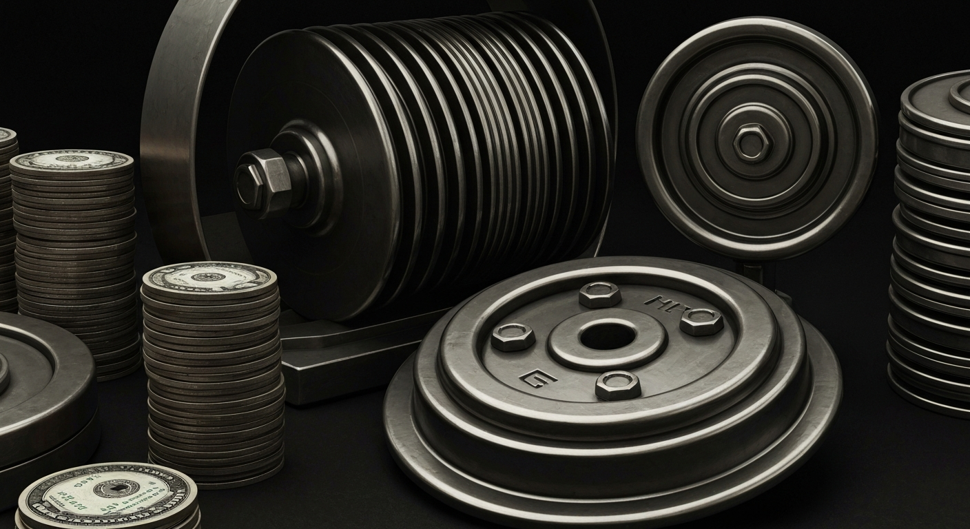 An extreme close-up of intricate, industrial-looking financial machinery and mechanisms, conveying a sense of the complex systems underlying global banking and currency markets.