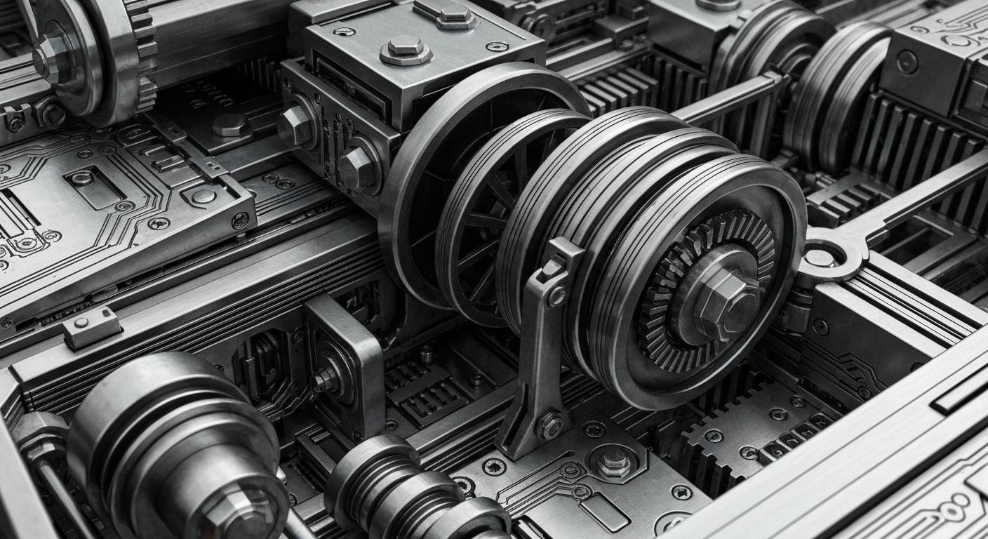 An extreme close-up of complex, industrial banking machinery in shades of silver, steel, and black, conceptually representing the sophisticated financial infrastructure behind institutional Bitcoin investment.
