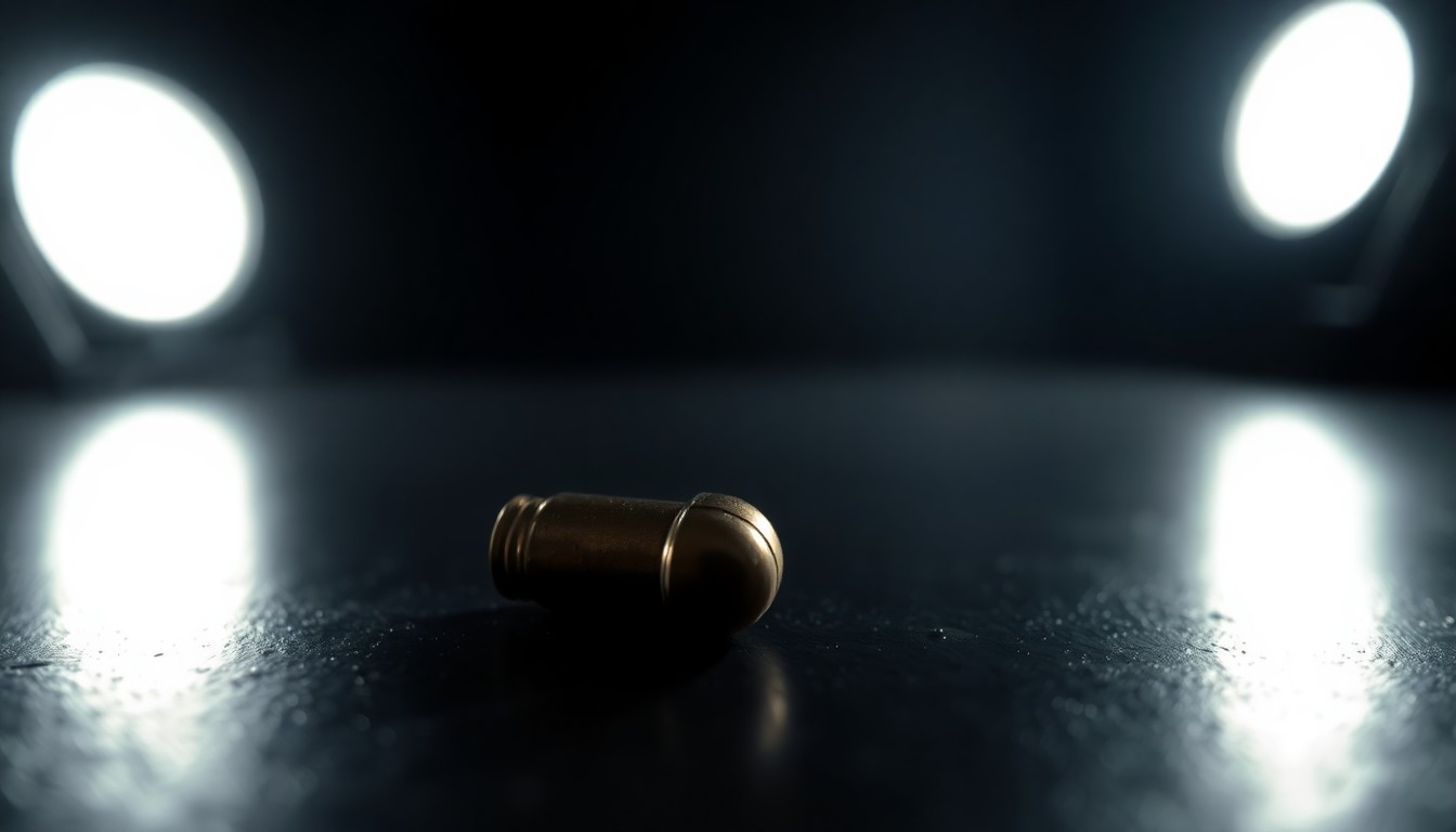 An extreme close-up of a shattered bullet casing reflecting a faint light, conceptually illustrating the investigation of a shooting incident.
