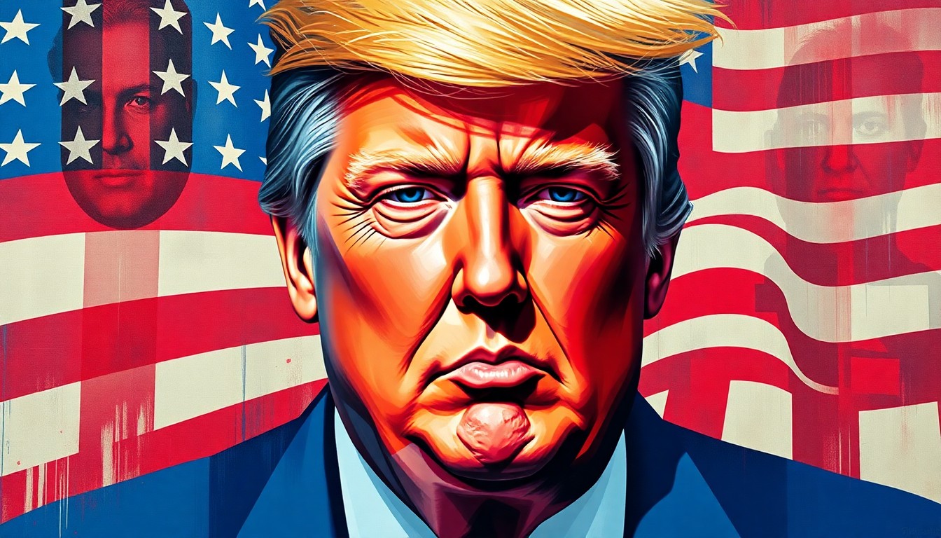 A dynamic, abstract painting featuring fractured, overlapping geometric shapes and patterns in red, white, and blue, conveying a sense of motion and energy around a central face-like form, symbolizing the complex intersection of politics, celebrity, and personal transformation.