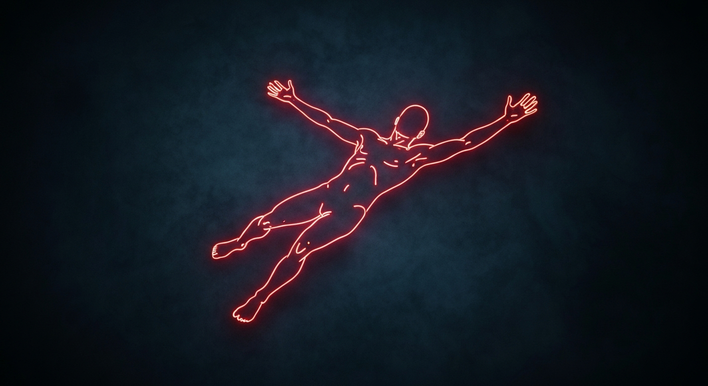 A minimalist neon outline of a human figure in a prone position, conveying a sense of distress or emergency against a dark background, conceptually representing the mental health challenges faced by online influencers.