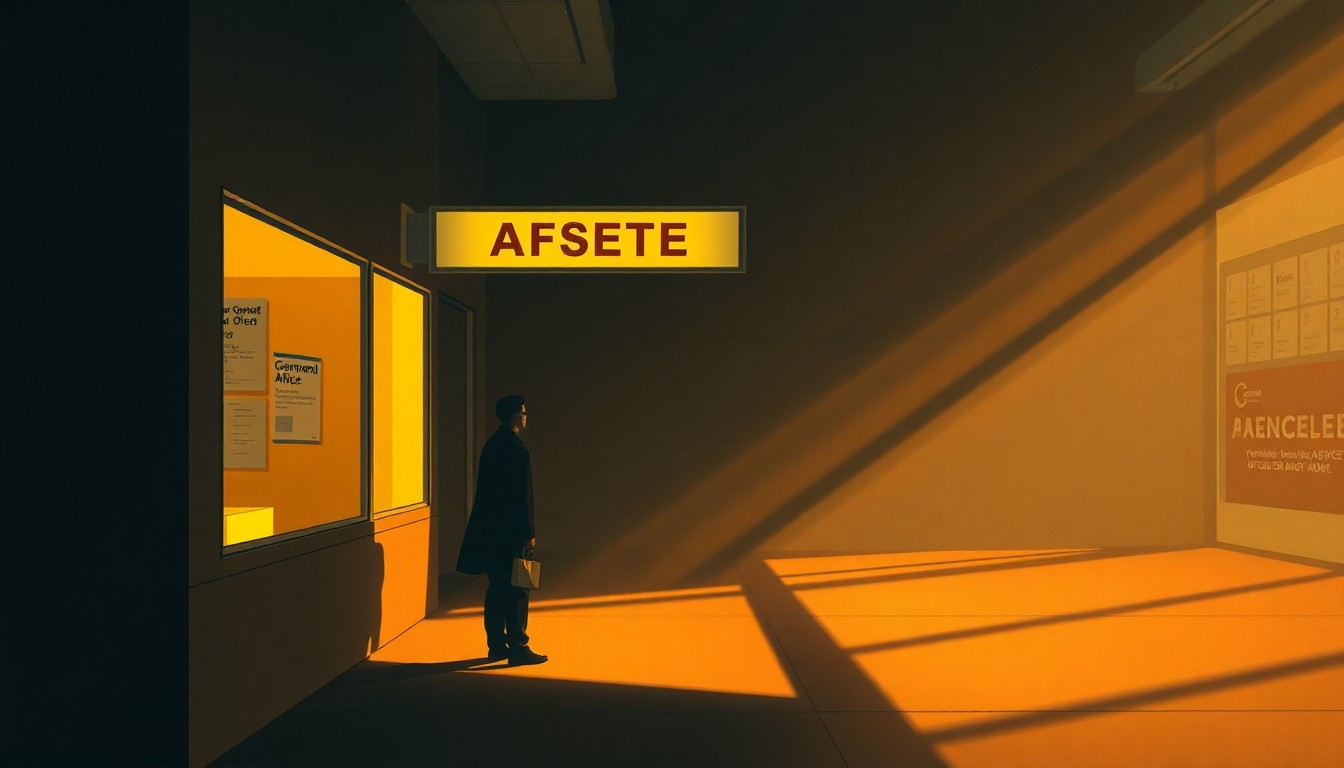 A photorealistic painting of a person standing alone in a dimly lit government assistance office, the warm light from a window casting long shadows across the room, conveying a sense of solitude and uncertainty.