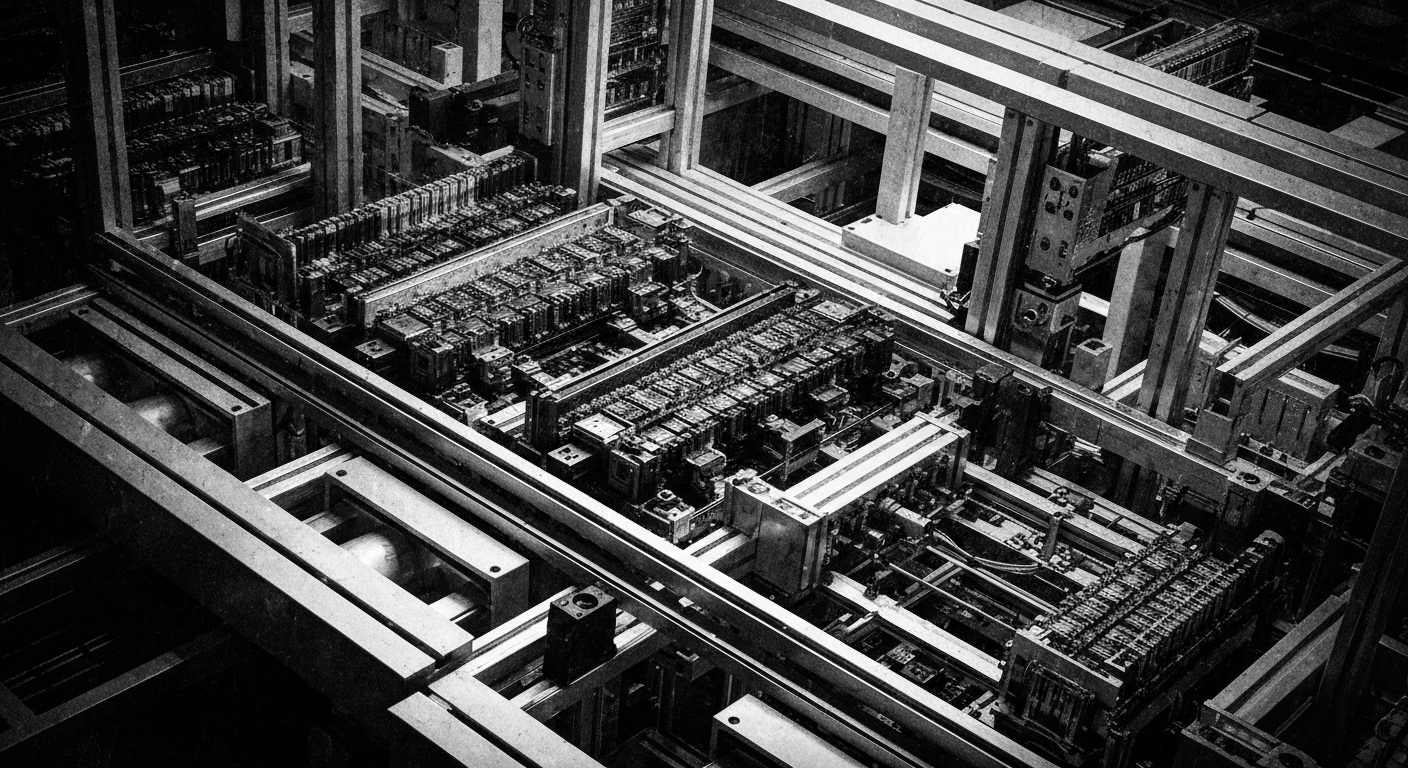 A dramatic, high-contrast black-and-white close-up image of the intricate inner workings and machinery of a high-tech electronics manufacturing facility, conveying the scale, complexity, and industrial power behind Qnity Electronics' technology solutions.