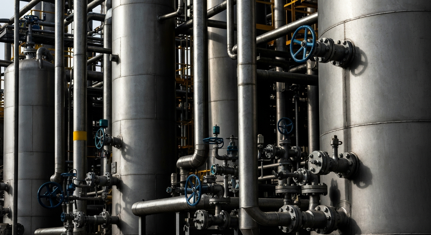 An extreme close-up photograph of large, heavy industrial chemical processing equipment, with a dramatic play of light and shadow across the textured metal surfaces, conveying a sense of the scale and power of the company's operations.