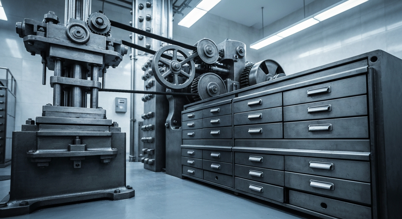 A highly detailed, textured close-up image of the gears, sensors, and mechanical components that make up Emerson Electric's industrial automation and control technologies, conveying the complex and essential nature of the company's products.