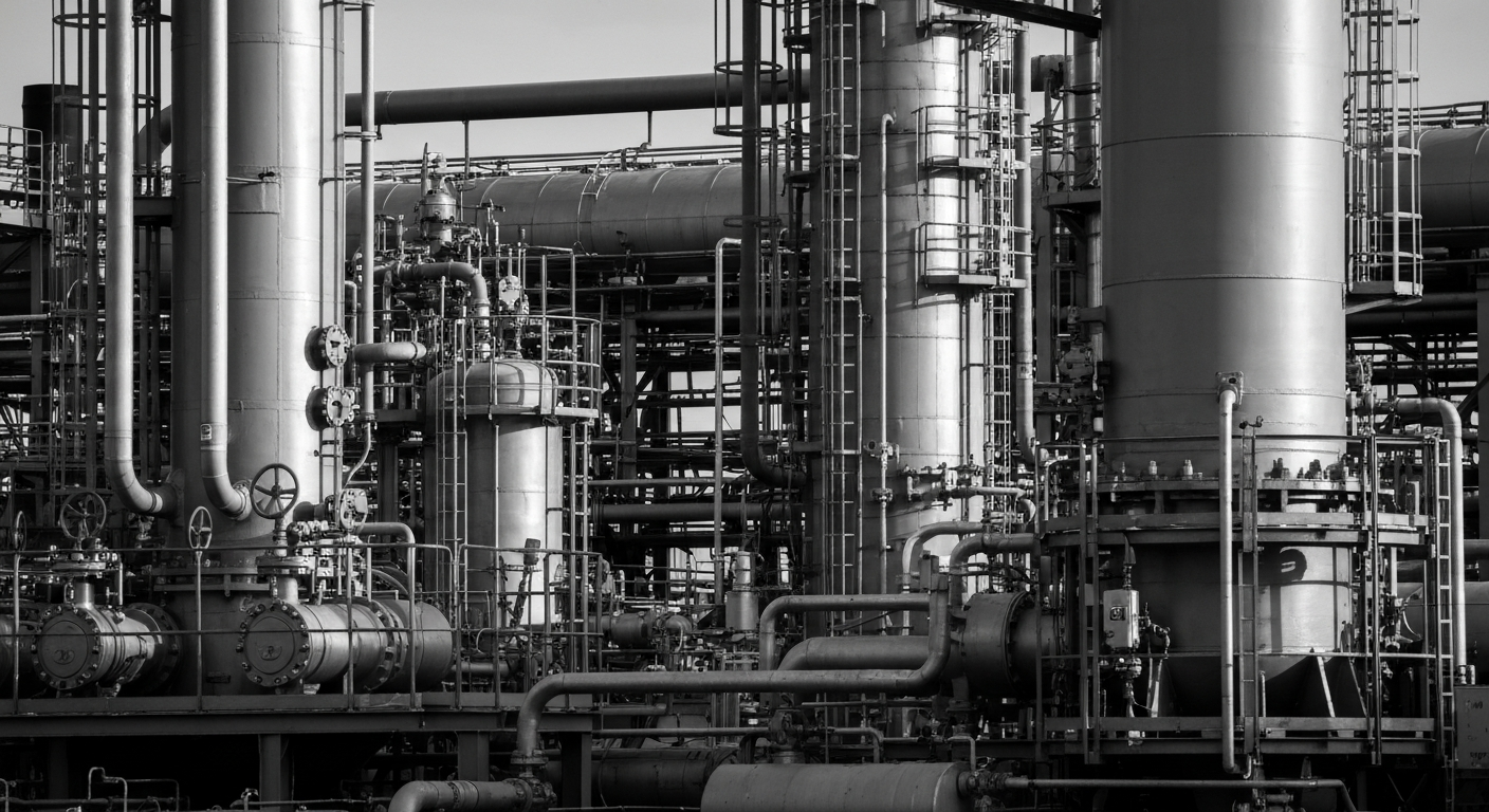 A high-contrast, black and white close-up photograph of industrial equipment and machinery, conveying the raw power and complexity of the financial and production systems that support the renewable fuels industry.