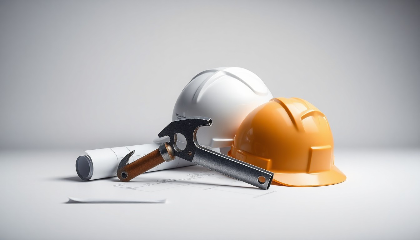 A photorealistic studio still life featuring a polished metal construction tool, a hardhat, and a blueprint rolled up, arranged elegantly on a clean, monochromatic background and using dramatic lighting to convey the engineering and construction industry.