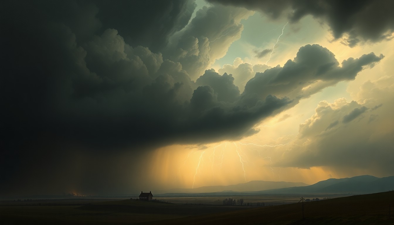 A dramatic landscape painting depicting a severe thunderstorm over a city, with dark, swirling clouds and flashes of lightning dominating the scene and dwarfing any visible structures.