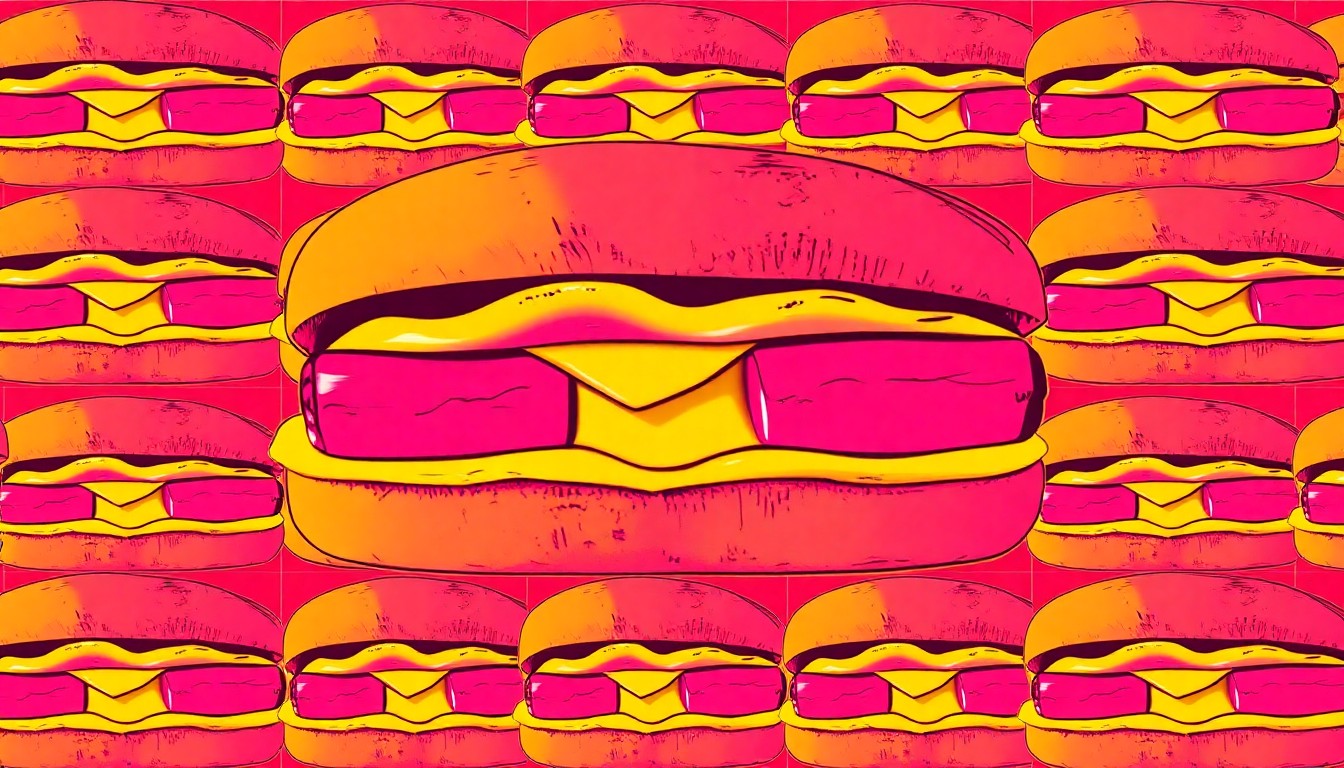 A bold, graphic illustration featuring a repeated pattern of a pork roll, egg, and cheese sandwich on a hard roll, rendered in a vibrant, high-contrast pop art style with overlapping neon colors and thick black outlines, capturing the iconic status of this quintessential New Jersey breakfast item.