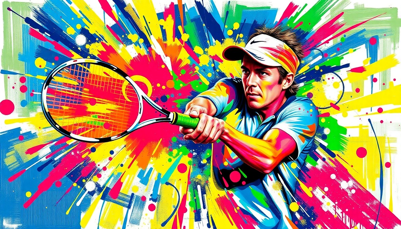 An abstract expressionist painting in vibrant neon colors, capturing the raw energy and power of a tennis player swinging a racket. The player's form is dissolved into unrecognizable brushstrokes, with the racket head and strings standing out in a burst of color.