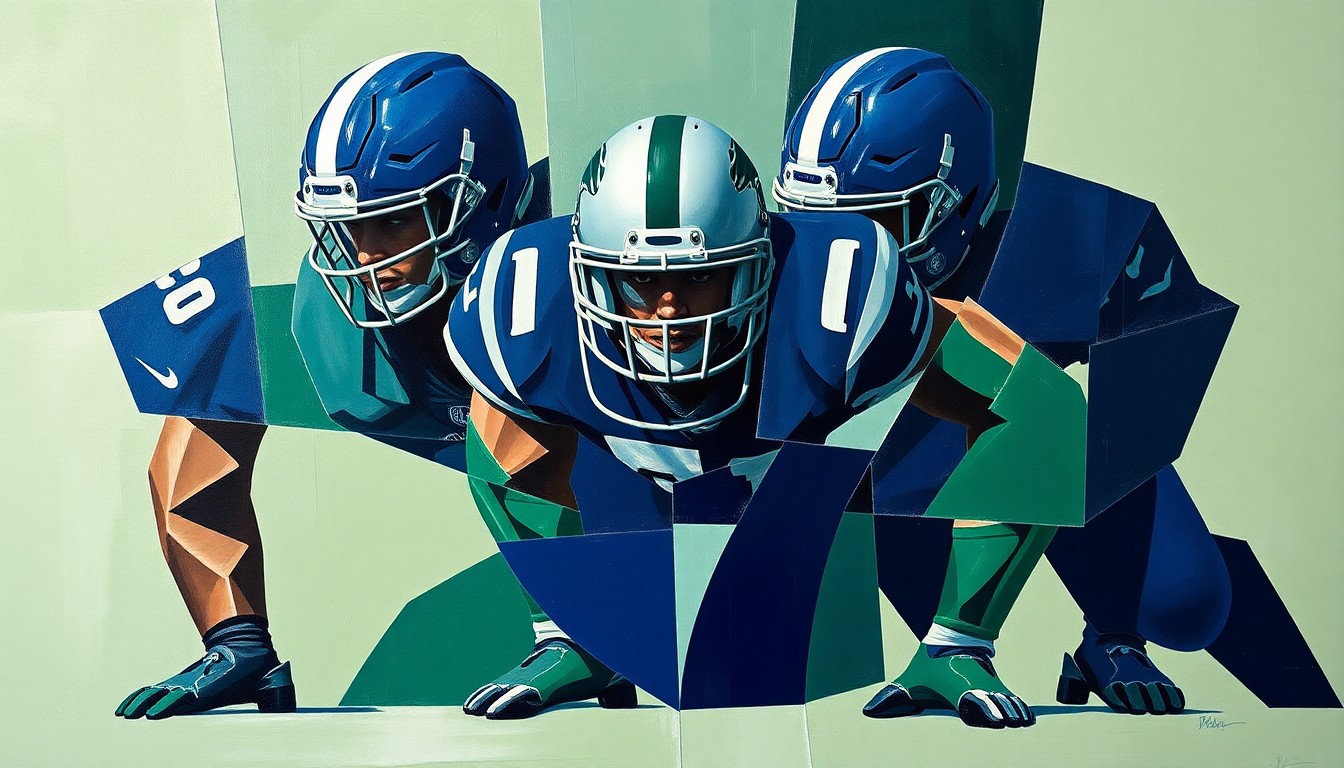A fractured, cubist-style painting depicting the geometric shapes and planes of a football offensive line, with navy blue, forest green, and silver colors representing the uniforms and equipment.