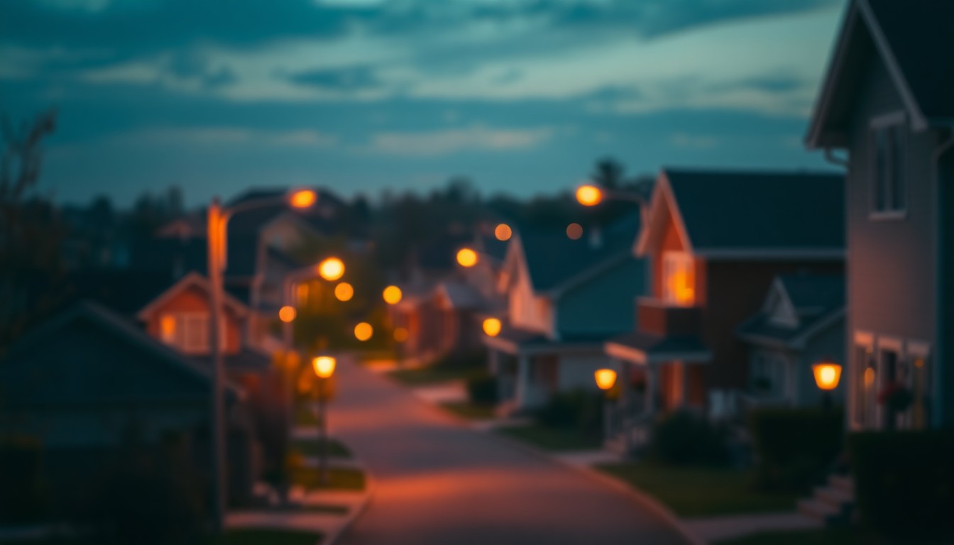An abstract, out-of-focus photograph depicting a residential neighborhood at dusk, with warm pools of light from streetlamps and windows creating a cozy, inviting atmosphere, conceptually representing the new affordable housing community.