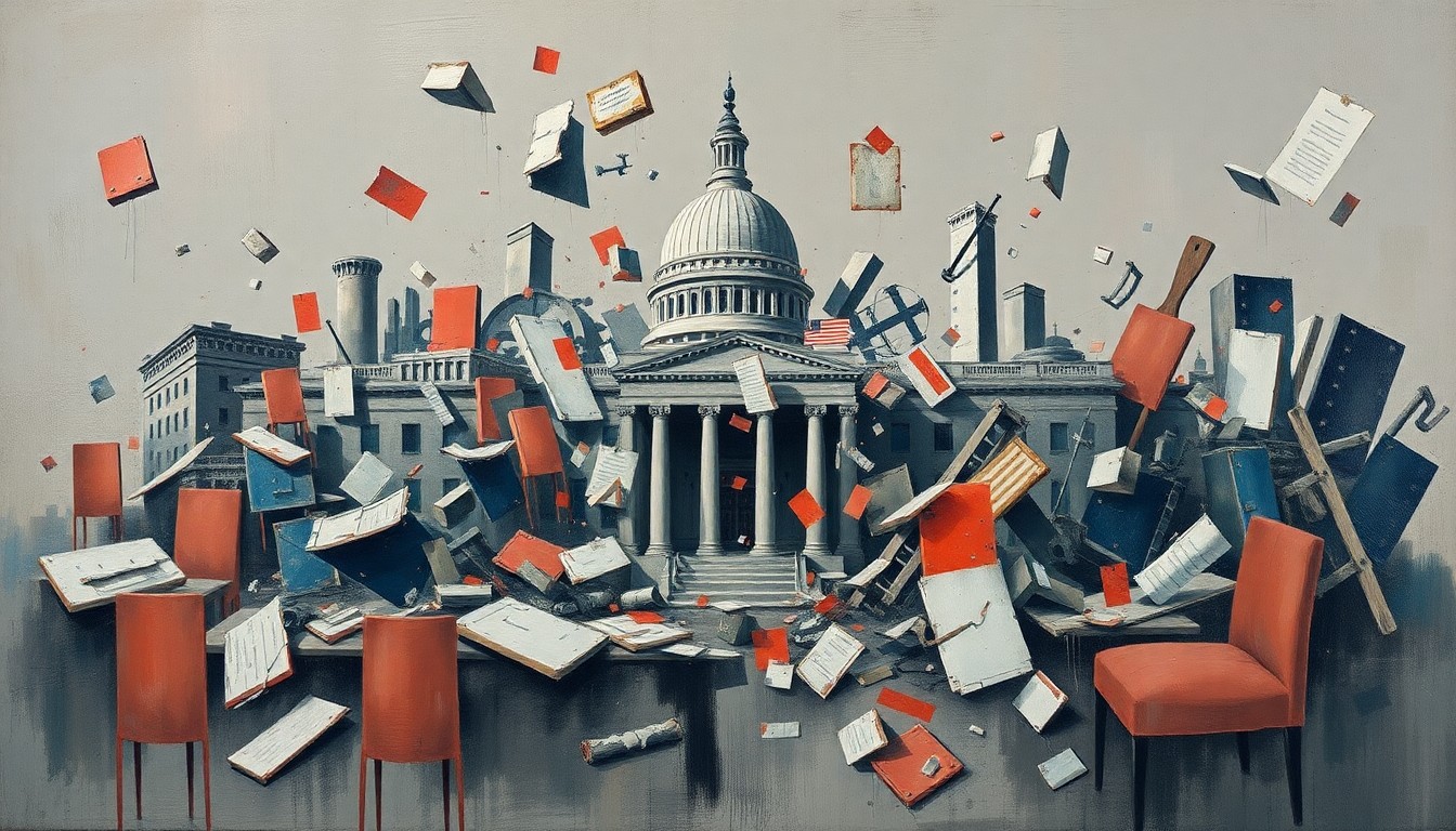A fractured, abstract painting with overlapping geometric shapes and brushstrokes in muted tones, conceptually representing the chaotic destruction of a government agency.