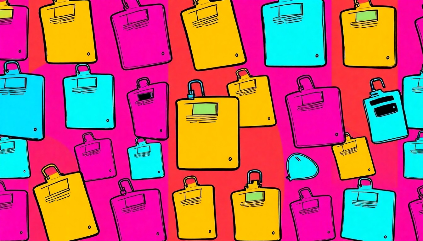 A grid of brightly colored, high-contrast silkscreen images of an event planning clipboard, conceptually representing the emotional skills needed to excel in the events industry.