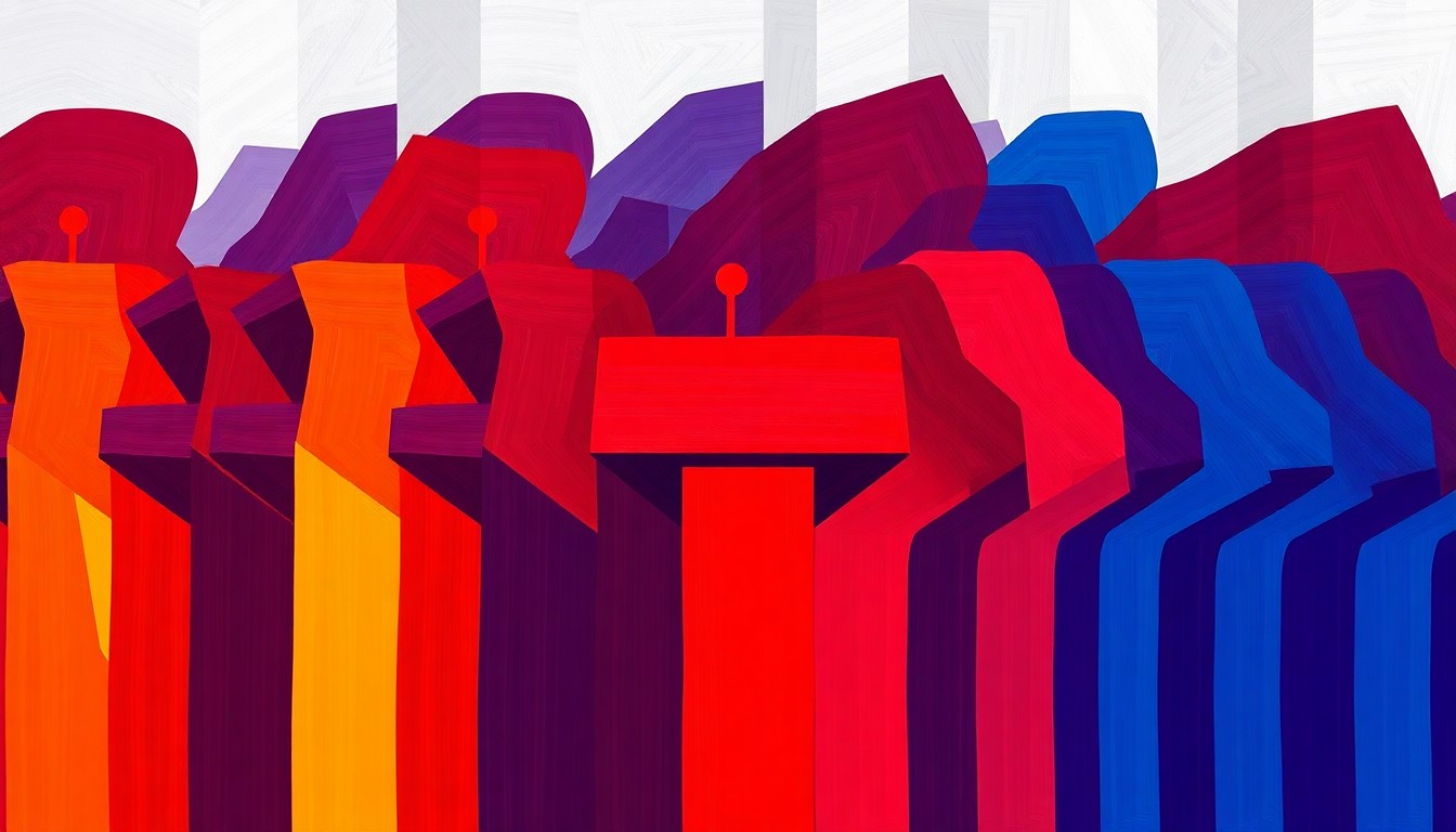 A dynamic, abstract painting featuring a fractured, repeating image of a podium or lectern in bold, clashing colors, conveying the tension and disruption surrounding political gatherings.