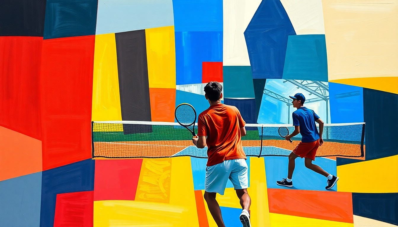 A fractured, geometric painting in vibrant primary colors, breaking down the forms and movements of a high school tennis match into abstract shapes and planes.