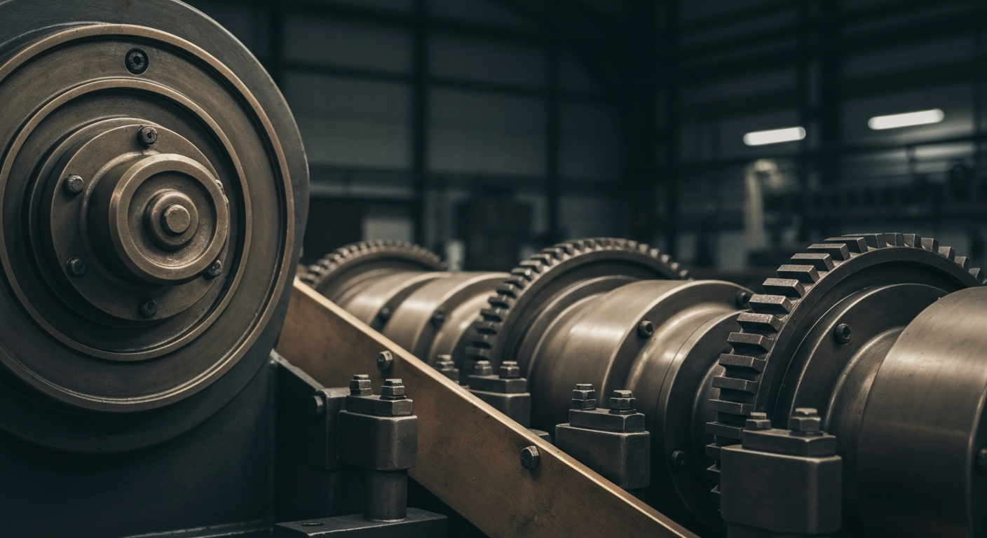 An extreme close-up of industrial banking equipment and mechanics, conveying the tangible, powerful infrastructure behind the financing deal.