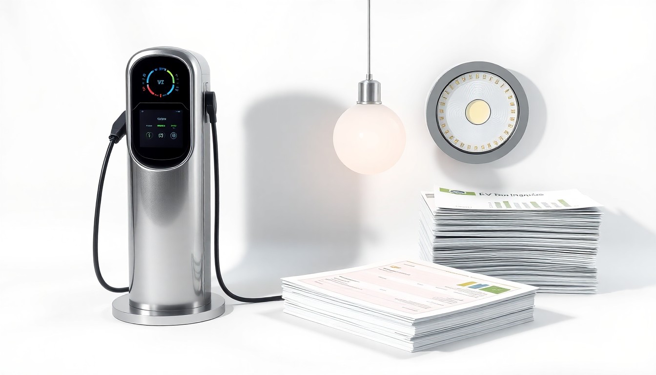 A high-end, photorealistic studio still-life photograph featuring a polished metal EV charging station, a sleek LED light fixture, and a stack of financial reports, all arranged elegantly on a clean, white seamless background with dramatic lighting and sharp shadows, conceptually representing Orion's focus on energy efficiency, clean tech solutions, and financial performance.
