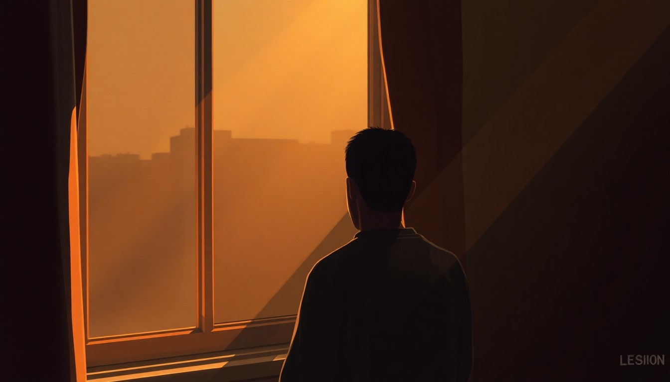 A pensive, cinematic painting of an Arab American family member gazing out a window, bathed in warm, diagonal sunlight and deep shadows, capturing the sense of unease and uncertainty within the community as they worry about loved ones in Lebanon.