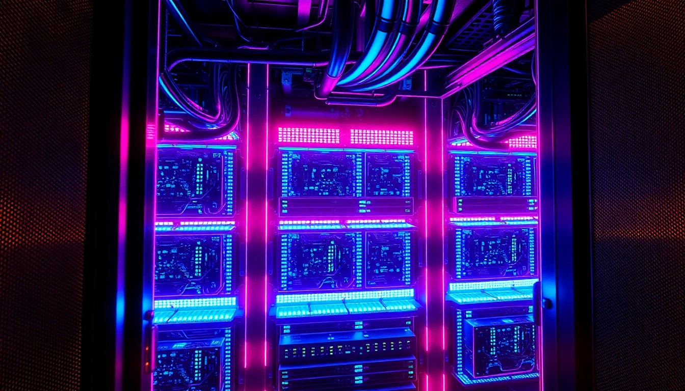 A highly detailed, glowing 3D macro illustration of a futuristic AI server rack with illuminated circuit boards, cooling pipes, and neon cyan and magenta lights, conceptually representing the advanced computing infrastructure powering Futurenest's enterprise AI governance platform.