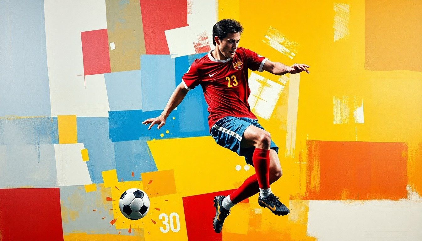 A cubist, geometric painting depicting a soccer player in motion, with sharp, overlapping planes of color representing the dynamic action of the sport.