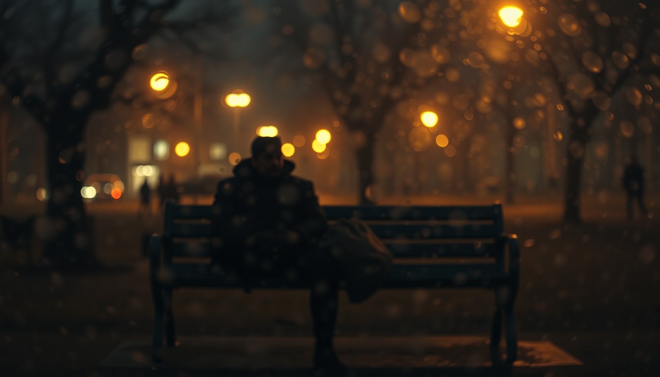 An abstract, out-of-focus photograph depicting a dimly lit scene of a homeless person sitting on a park bench, conveying a sense of isolation and the struggle to find stability.