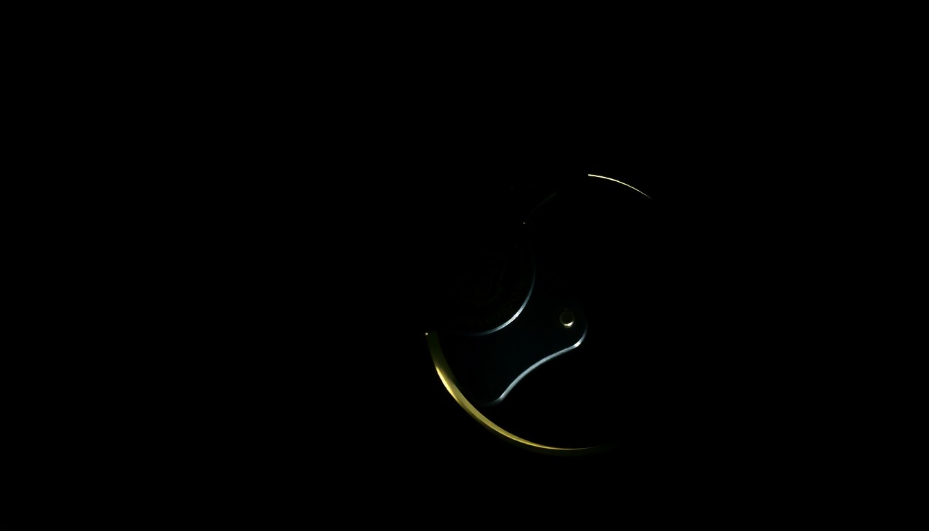 An extreme close-up photograph of a police badge or handcuffs lit by a harsh, direct camera flash against a pitch-black background, conceptually illustrating the gritty, investigative nature of the officer-involved shooting incident.
