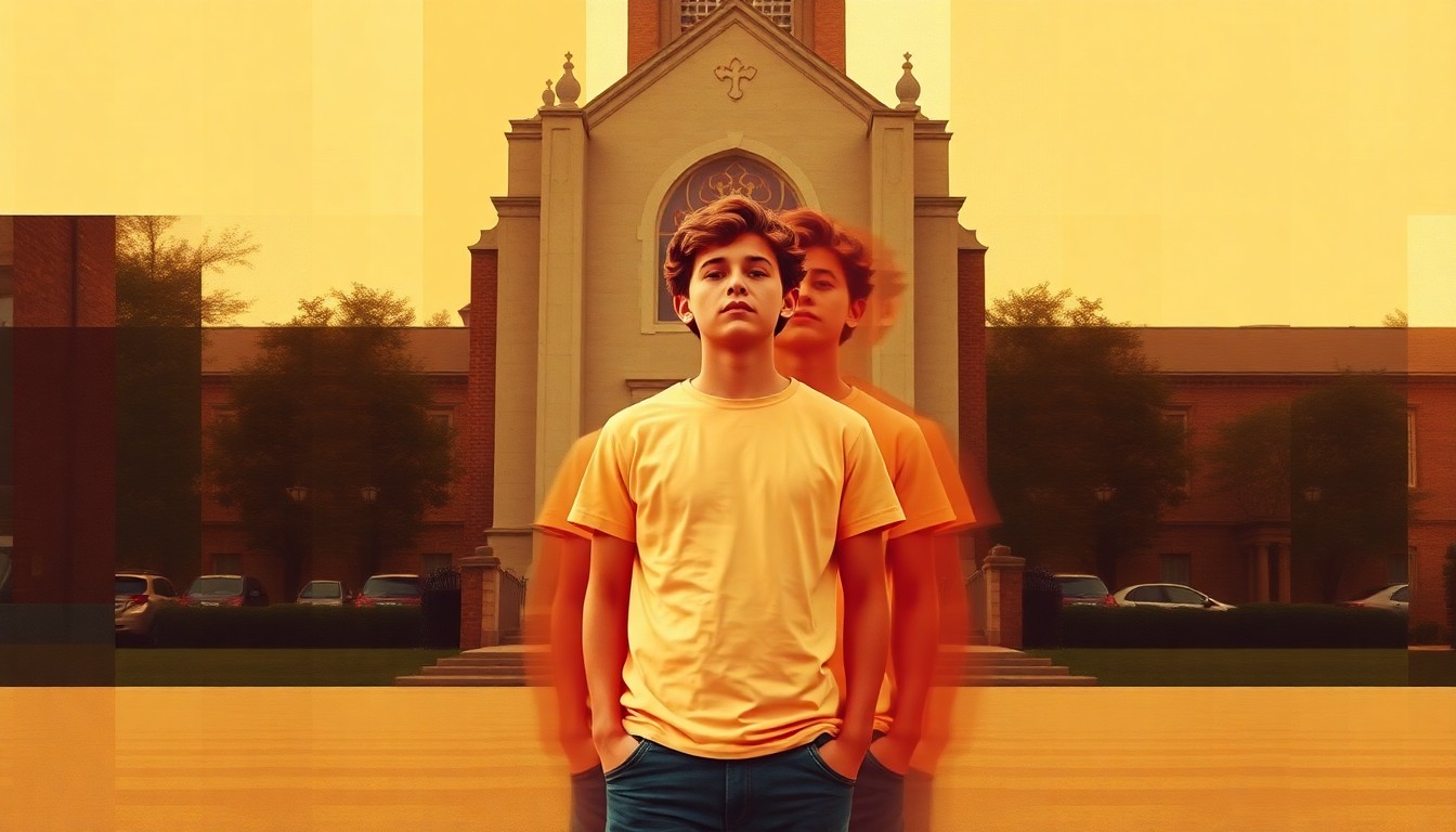 A fractured, abstract painting of a person standing in front of a church, their body repeated in overlapping geometric shapes and waves of warm, earthy colors, conceptually representing the evolving relationship between religion and politics.