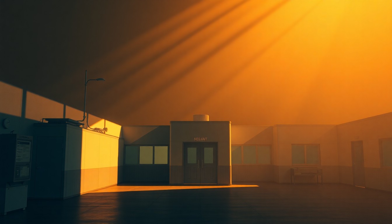 A dimly lit, cinematic painting of a government research laboratory, with warm sunlight streaming through the windows and deep shadows obscuring details, conveying a sense of tension and uncertainty around the independence of scientific work.