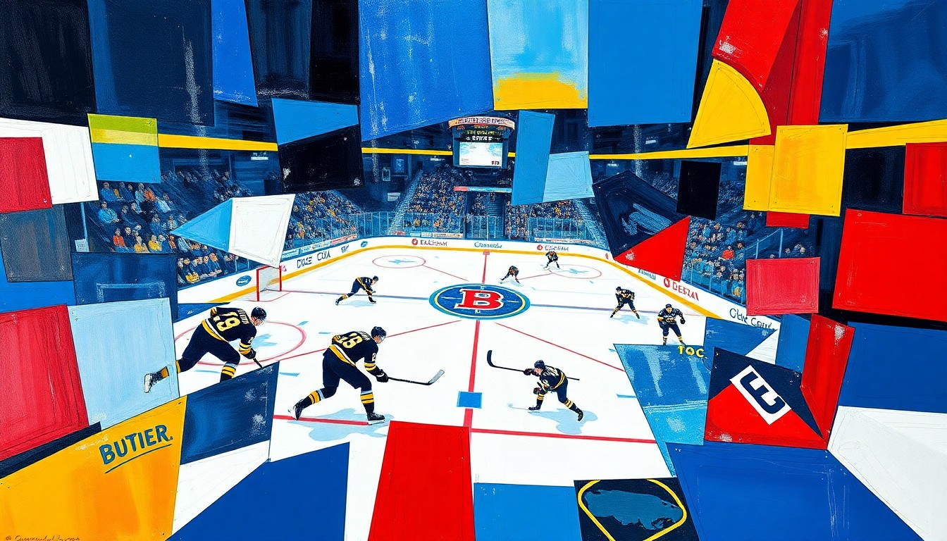 A cubist, geometric painting depicting a hockey game between the Boston Bruins and Buffalo Sabres, with the players and action broken down into sharp, overlapping planes of color.