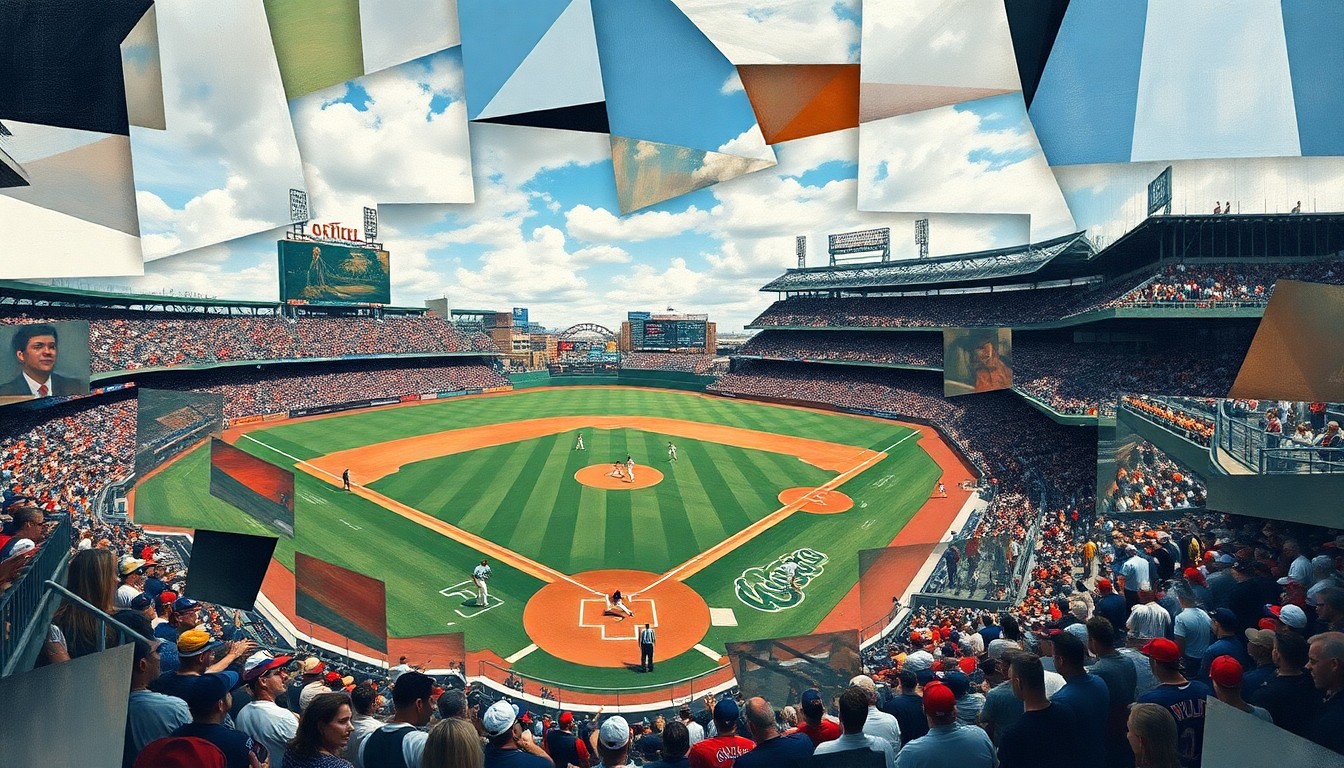 An abstract, geometric painting in the style of Picasso, with overlapping shapes and planes representing the players, field, and stadium during a close baseball game between the Pirates and Nationals.