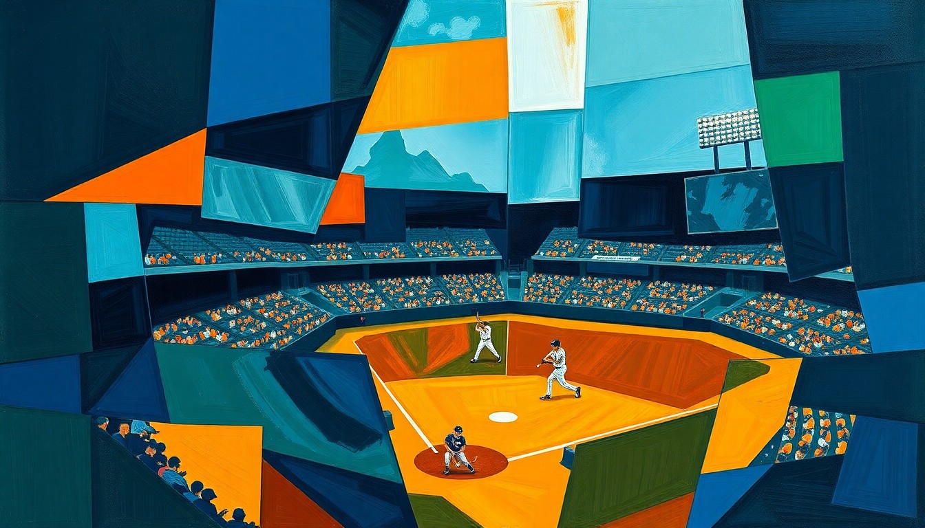 A fragmented, multi-angled painting depicting a baseball game, with the players and field broken down into sharp, overlapping geometric shapes in a vibrant color palette.