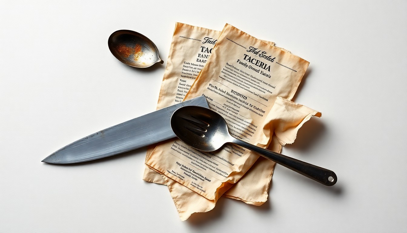 A high-end, photorealistic studio still-life photograph featuring a worn chef's knife, a tarnished metal spoon, and a crumpled paper menu, conceptually representing the history and community ties of a family-owned taqueria facing closure.