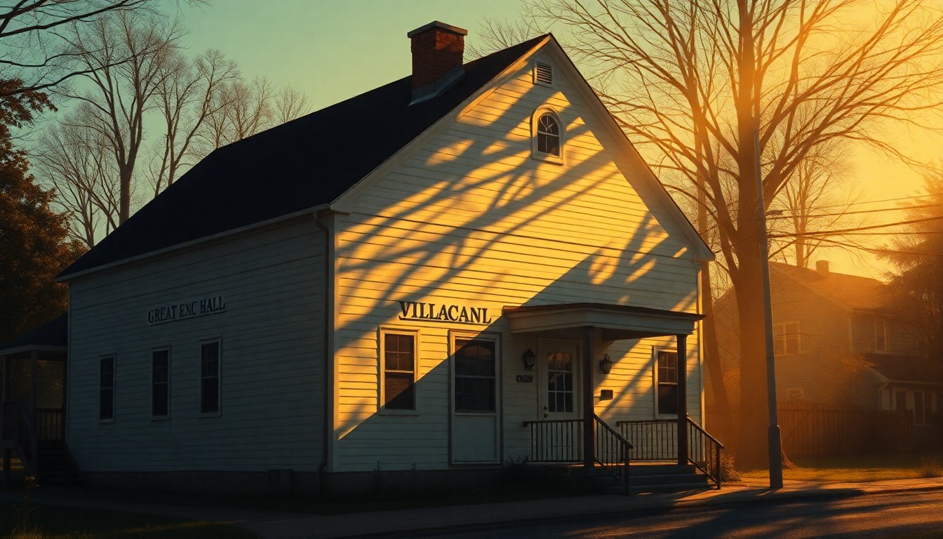 A serene, cinematic painting of a two-story municipal building in a small town, with warm sunlight casting long shadows across the facade and surrounding trees. The scene conveys a sense of quiet contemplation and the timeless nature of civic architecture.