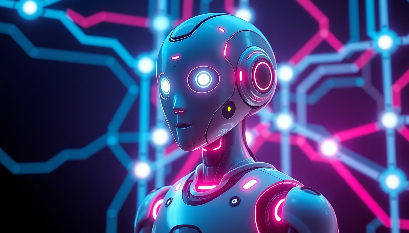 A highly detailed, glowing 3D illustration of an intelligent companion robot with a sleek, futuristic design, surrounded by a luminous cybernetic infrastructure of neon lights, conceptually representing the integration of AI and robotics in the educational landscape.