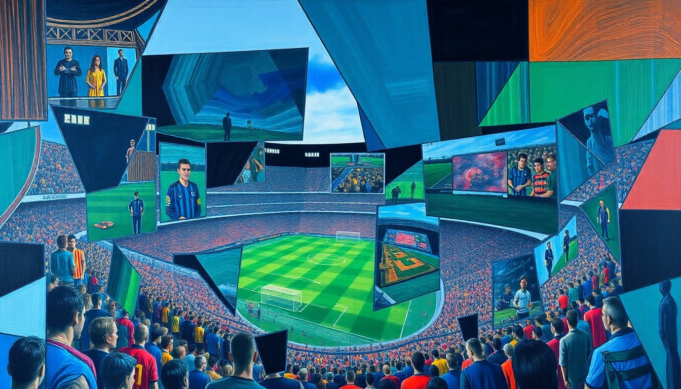 A fragmented, cubist-style painting depicting the chaotic scene of a crowded soccer stadium, with the geometric shapes and overlapping planes conveying the sense of inaccessibility and exclusion faced by fans due to the exorbitant transit fares.