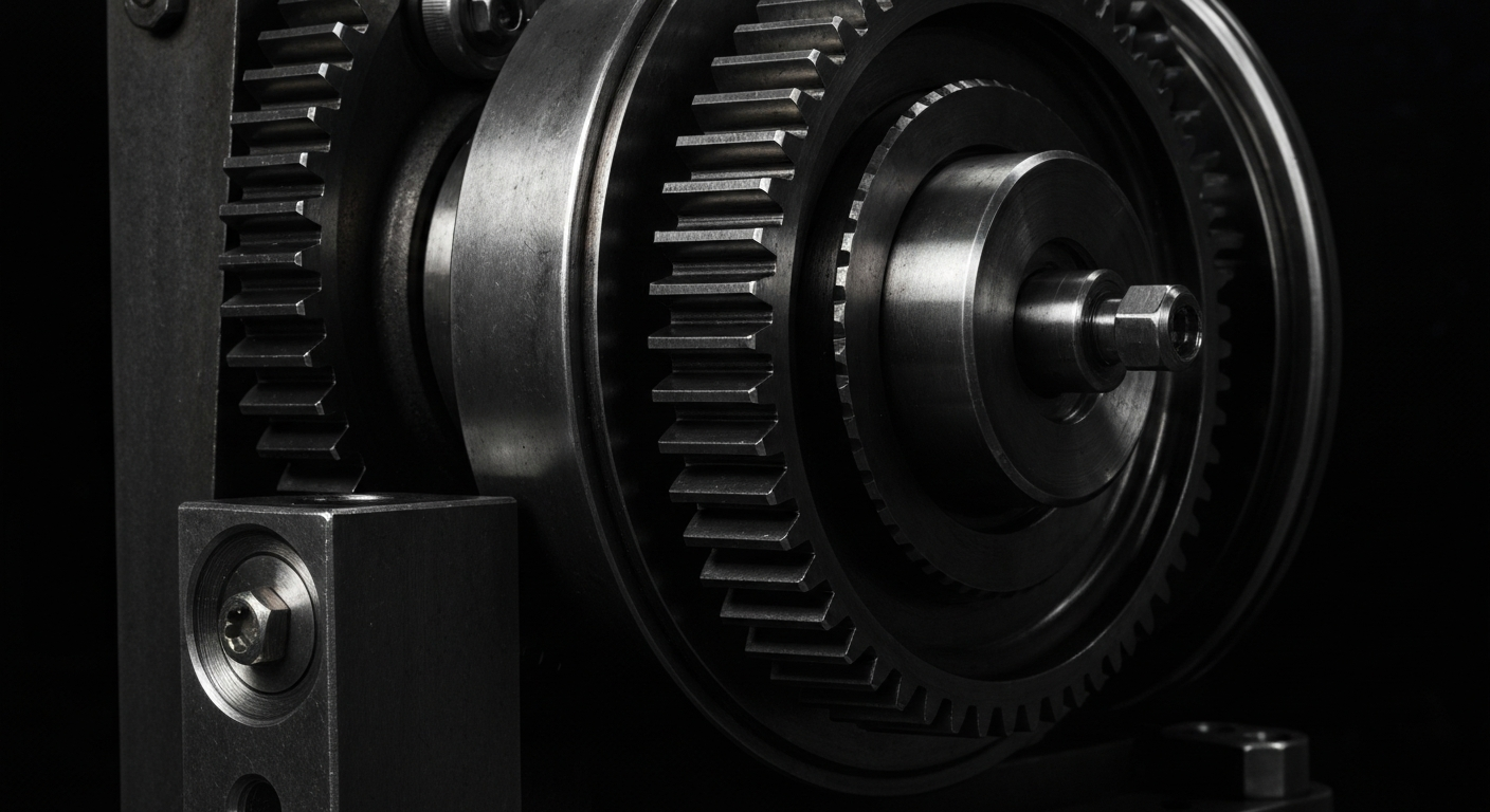 A highly detailed, cinematic close-up of the gears, levers, and mechanisms of a banking machine, conveying the tangible power and security of financial institutions.