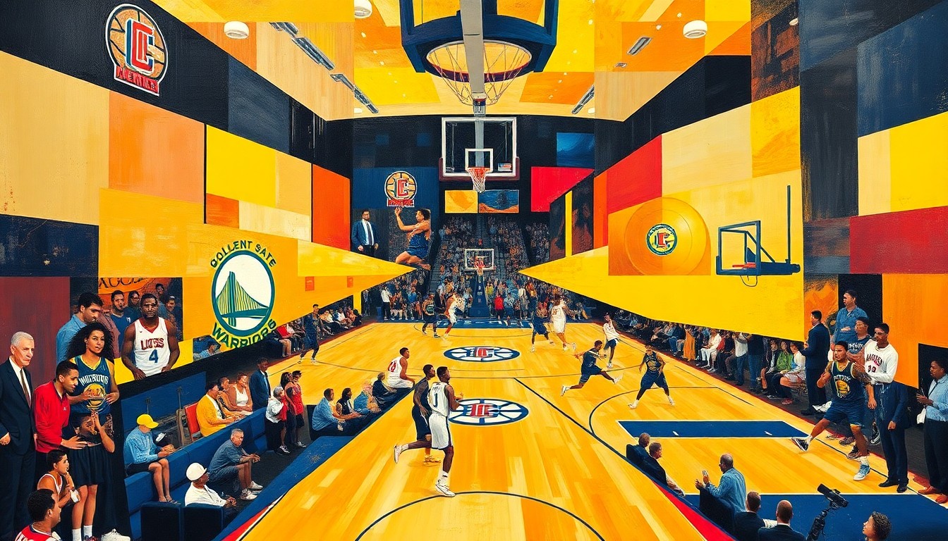 A cubist, geometric painting depicting a basketball game between the Golden State Warriors and Los Angeles Clippers, with fragmented court elements and player figures in a vibrant color palette.