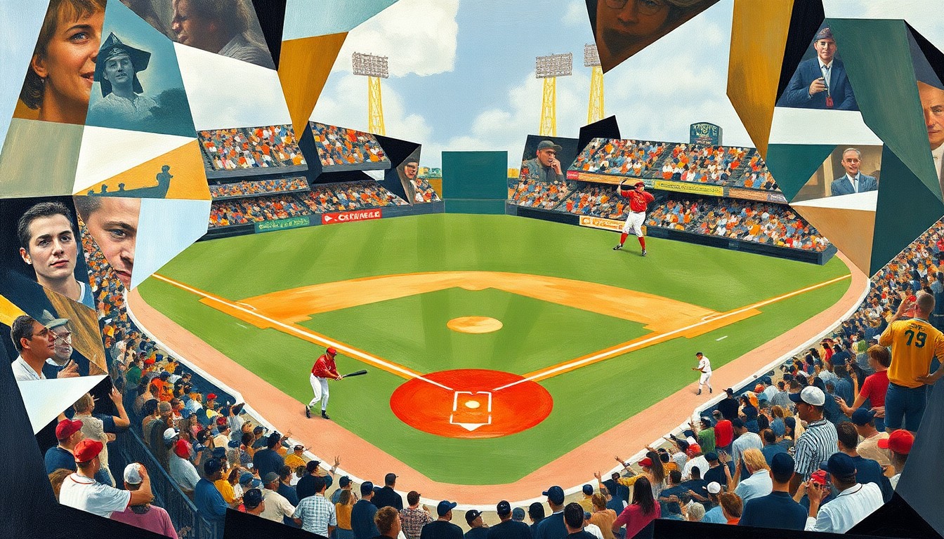 A fragmented, geometric painting depicting a baseball game in motion, with players and the field reduced to abstract shapes and colors, conveying a sense of energy and movement.